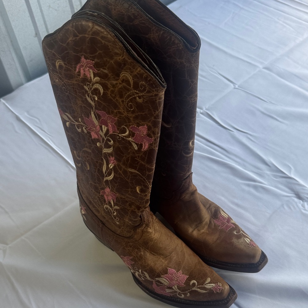 Circle G Brown Leather Over-the-Knee Boots with Pink Floral Embroidery